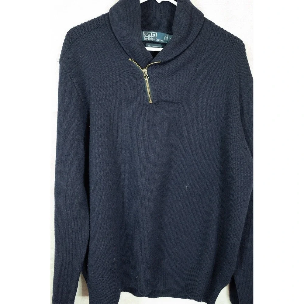 Polo Ralph Lauren Mens XL Navy Blue 100% Lambswool Shawl Collar 1/4 Zip Sweater
